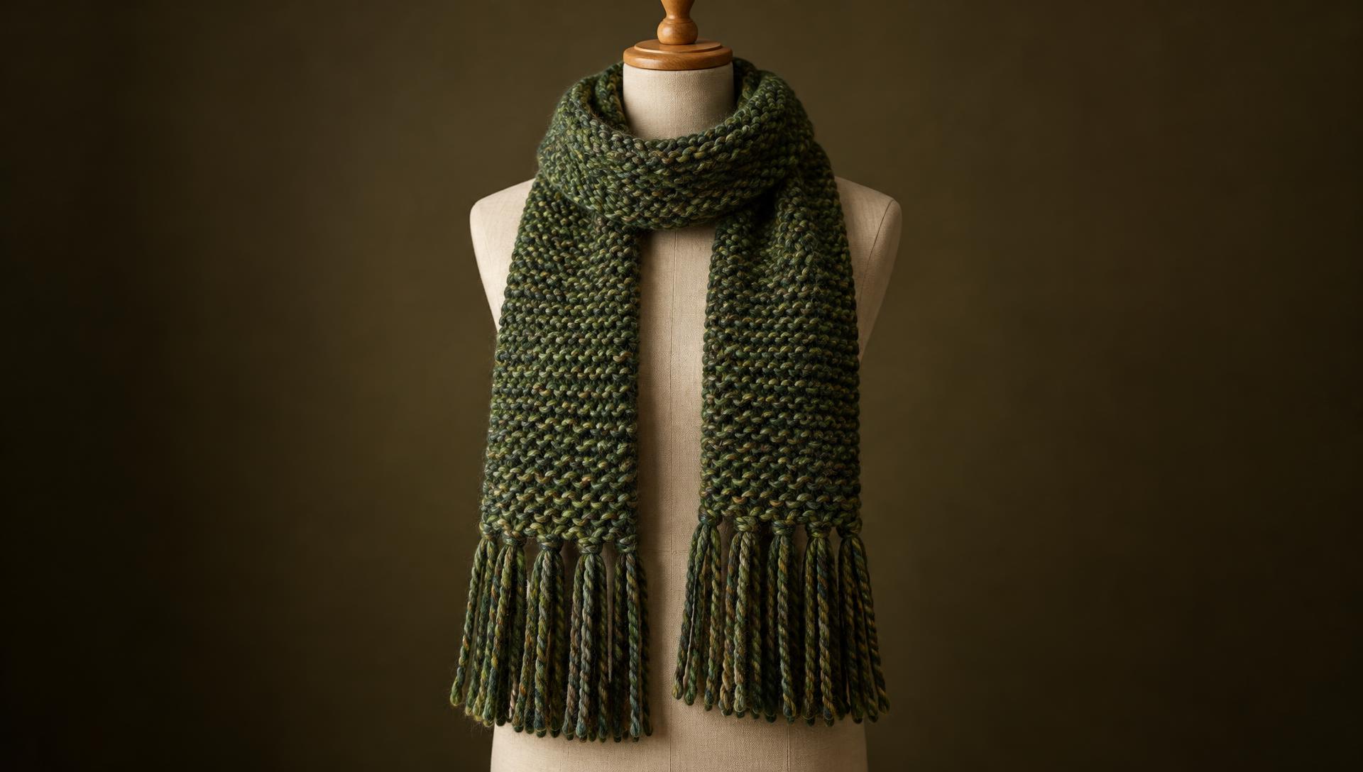 Hand knitted muffler in heathered green wool on a dress form